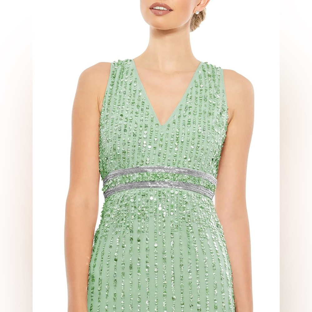 NWT Mac Duggal 70267 Sequined Sleeveless V-Neck Midi Sheath Dress Sage 12 - Picture 2 of 9